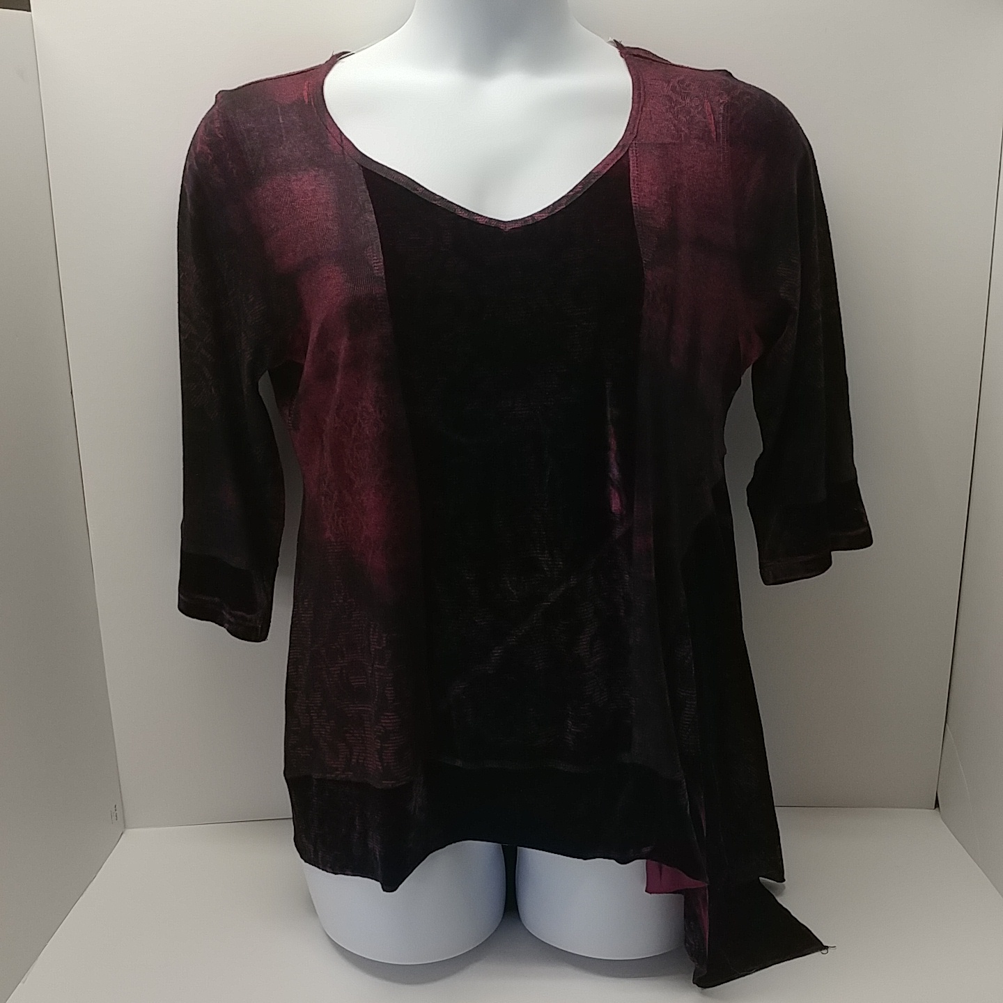 Live And Let Live 3/4 Sleeve Patchwork Asymmetrical Tunic, Large, Burgundy
